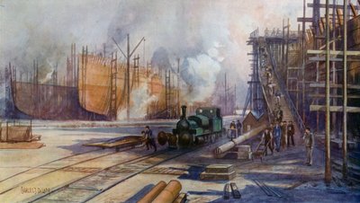 A great shipyard - a busy scene by Charles John de after Lacy